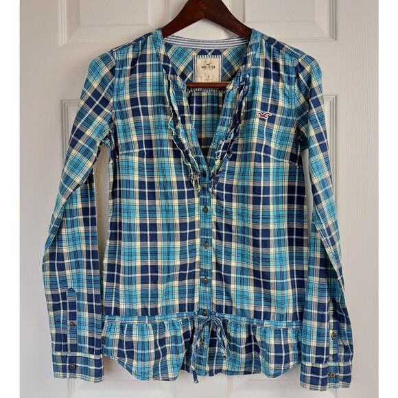 Hollister Plaid Ruffle Blouse Small long sleeve button up waist tie blue yellow - Picture 2 of 10
